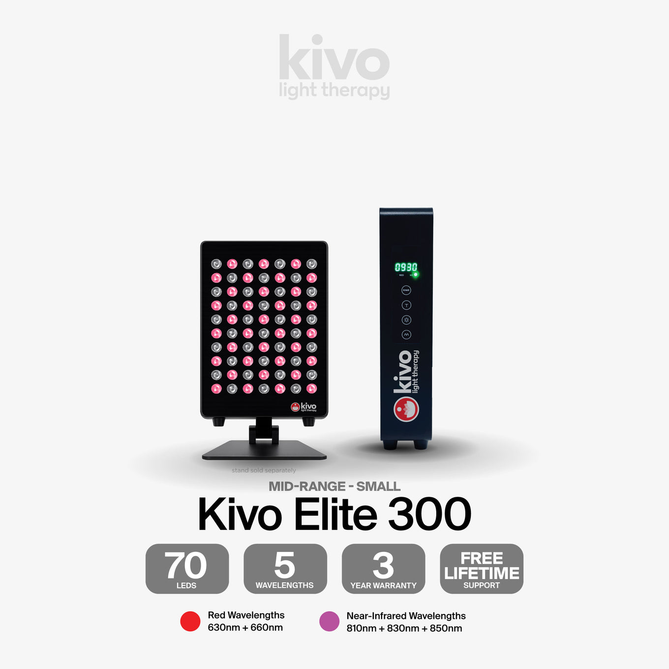 Kivo Elite 300 Mid-Range Small LED light with red and near-infrared wavelengths.