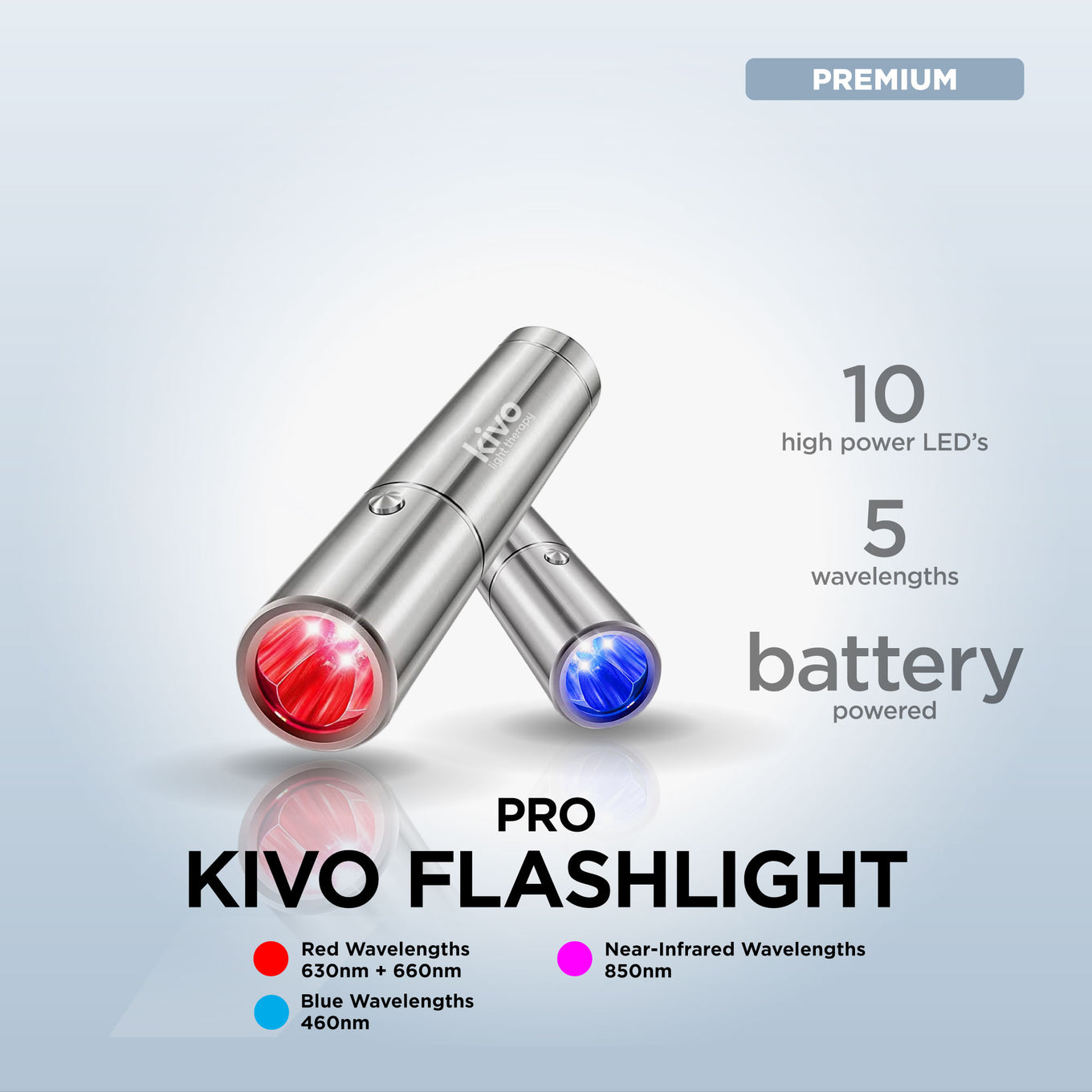 Kivo Pro flashlight with red and blue lights on a gray background
