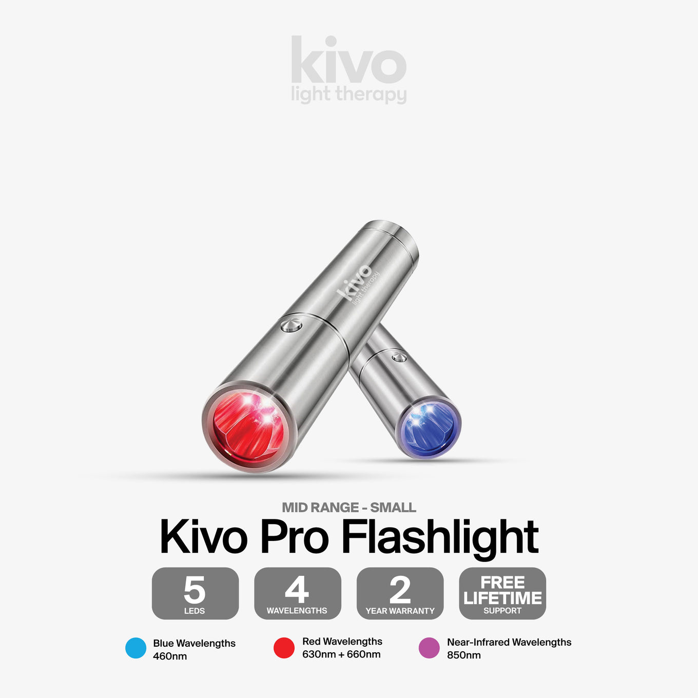 Kivo Pro flashlight with red and blue lights on a gray background