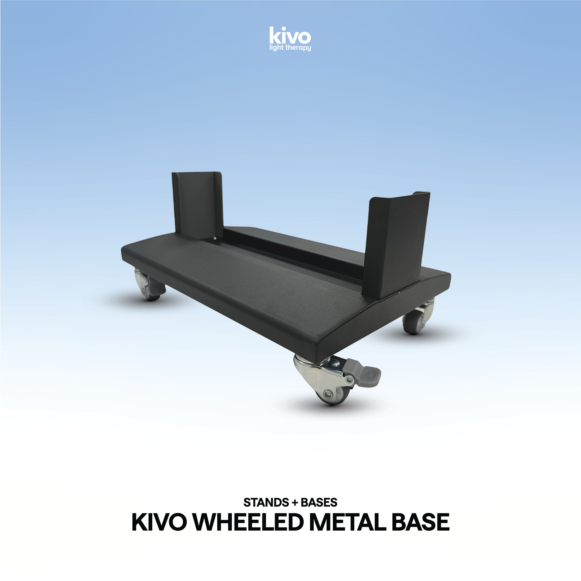 Black metal base for Red Light Therapy panels with wheels