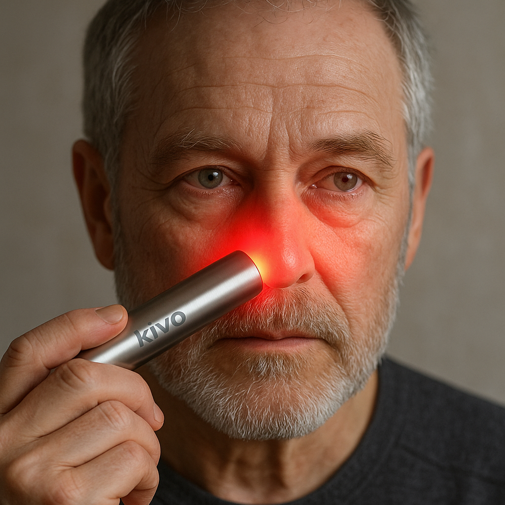 old man using red light on his nose