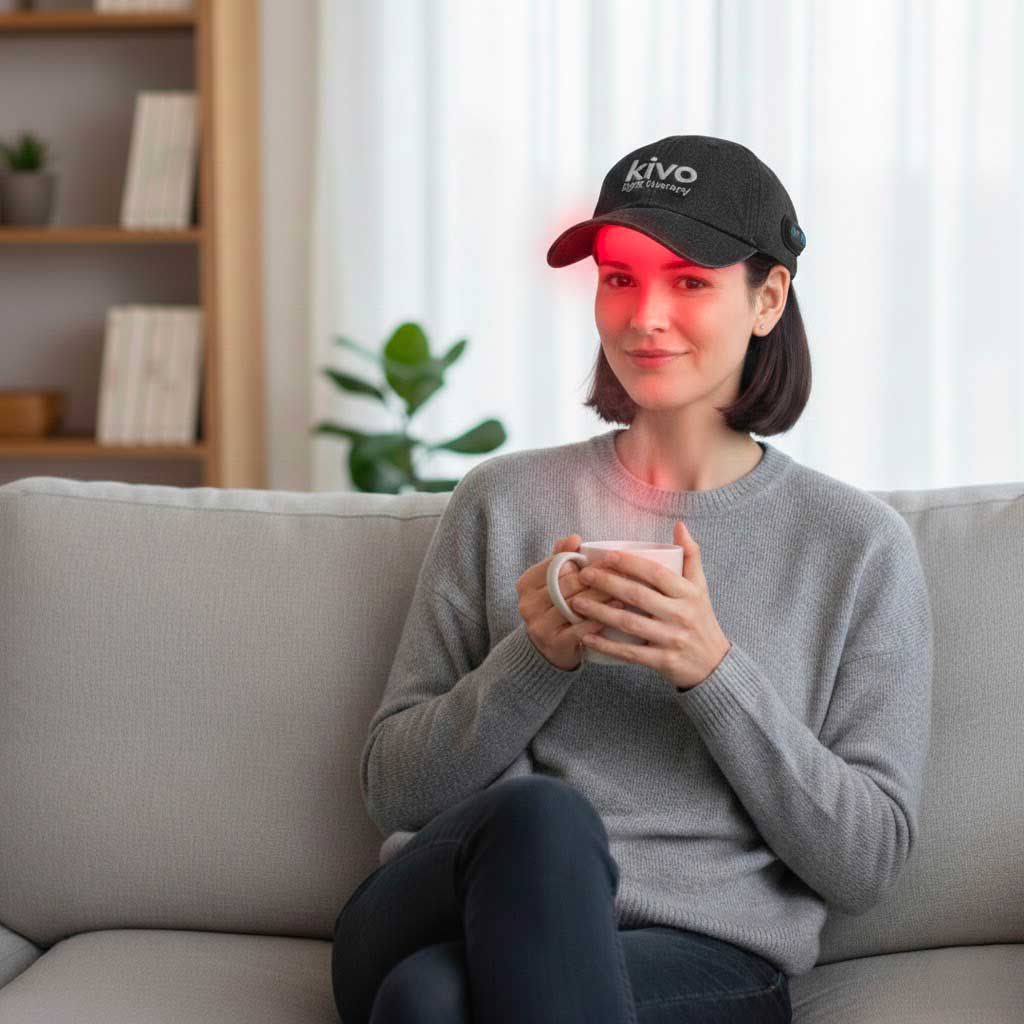 Ana wearing a red light therapy cap