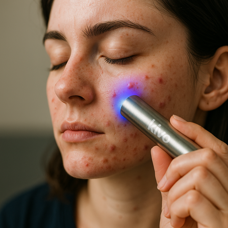 Person using a Kivo device on their face with visible acne.