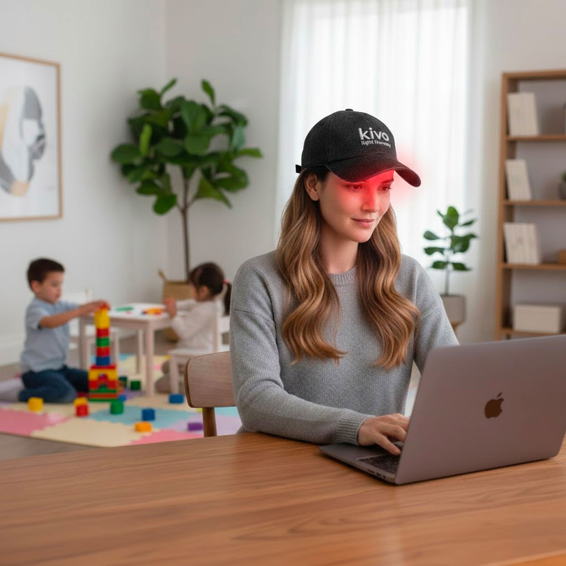 Woman wearing a black cap with 'kivo' branding, using a laptop in a home setting with children playing in the background.