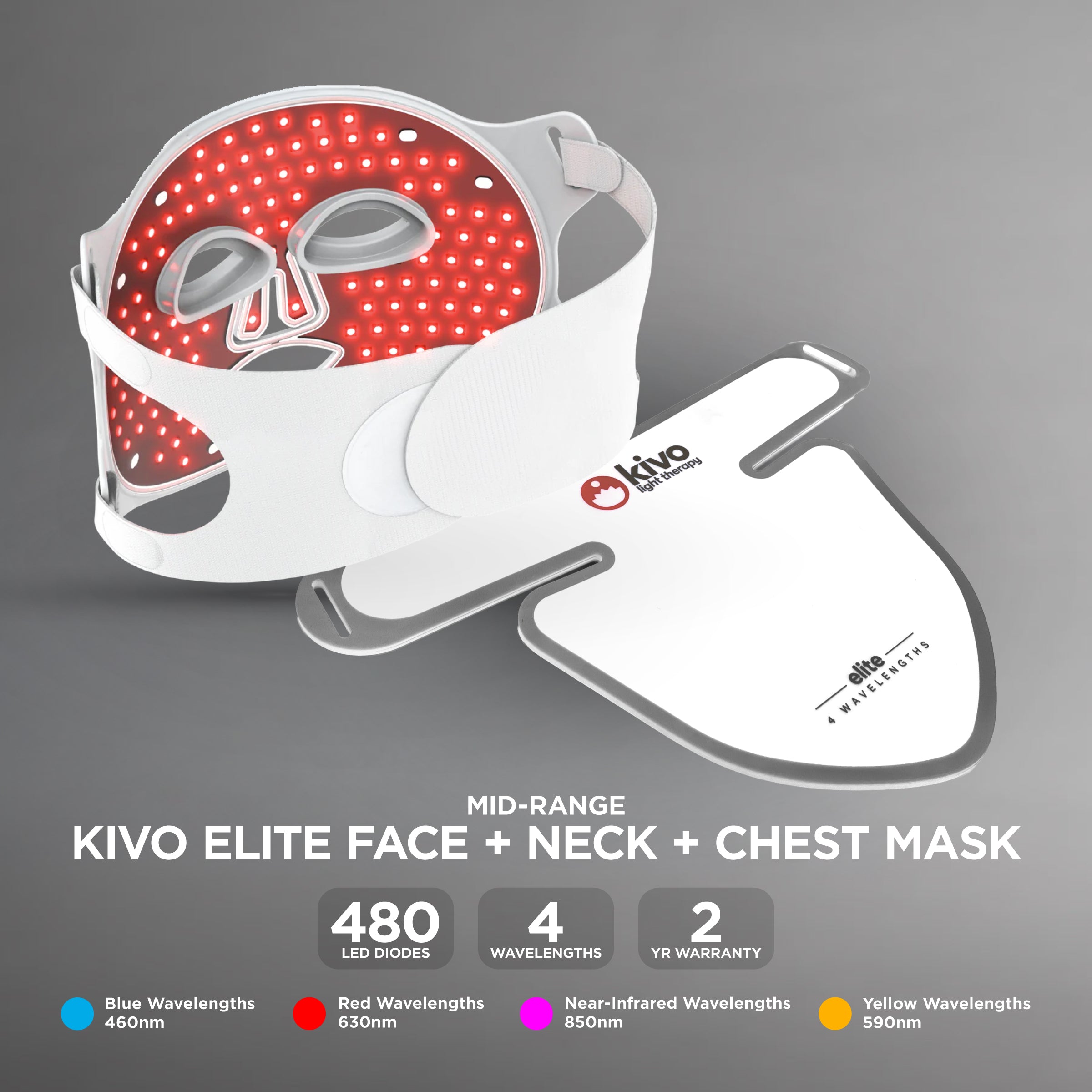 Kivo Elite Face + Neck + Chest: Red + Near Infrared + Blue + Yellow Light Therapy Mask