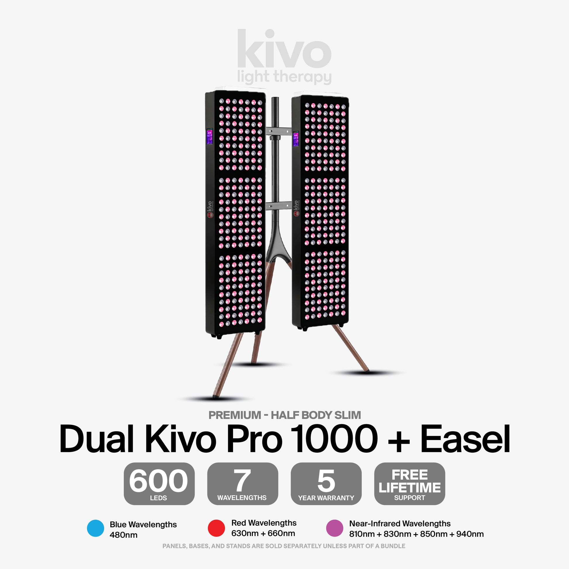 Kivo Dual Pro 1000 LED light stand with Kivo Easel Walnut Stand - the best, top of the range light therapy panels