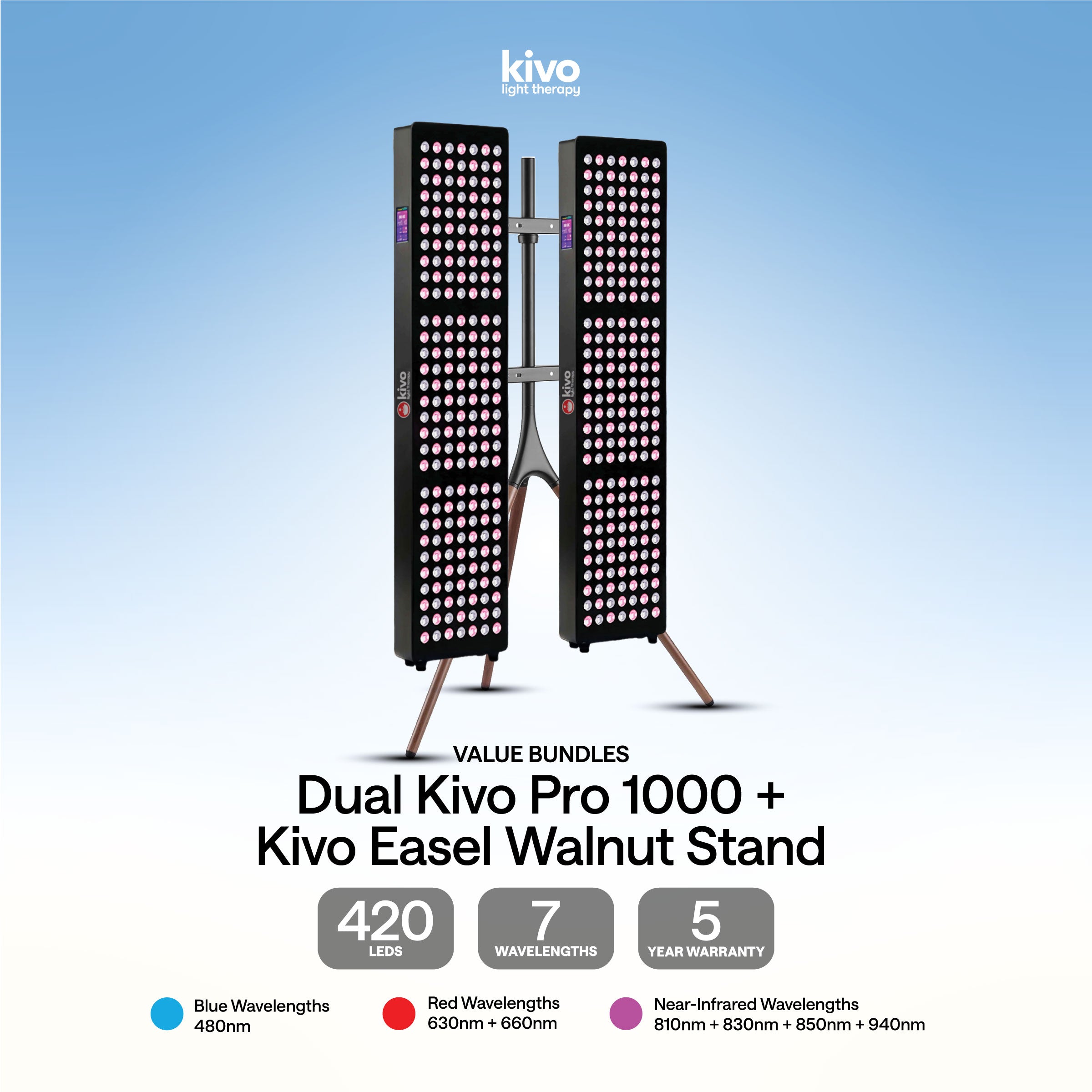 Kivo Dual Pro 1000 LED light stand with Kivo Easel Walnut Stand - the best, top of the range light therapy panels