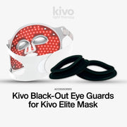 Black-out eye guards on a gray background with product description text.