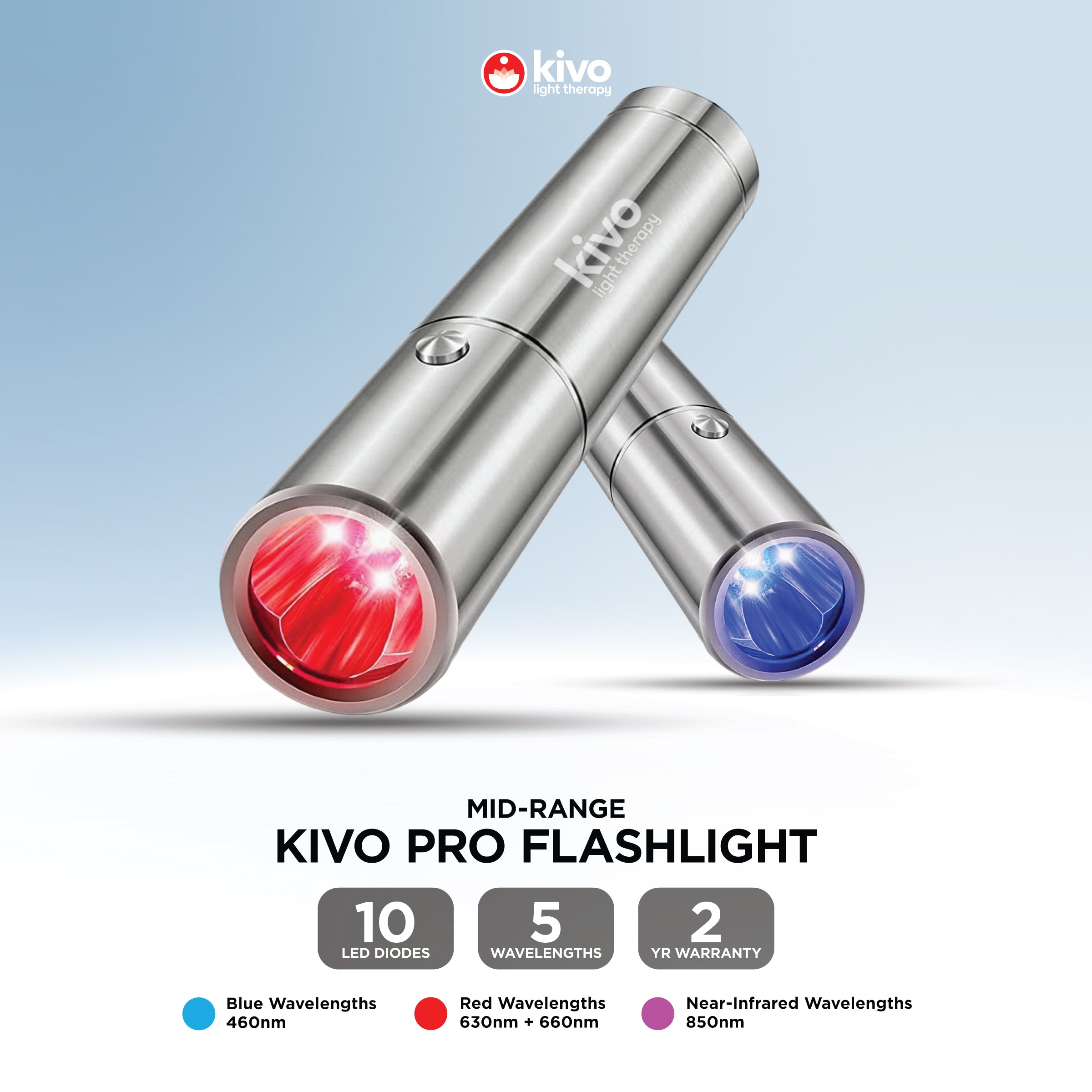 Kivo Pro flashlight with red and blue lights on a gray background