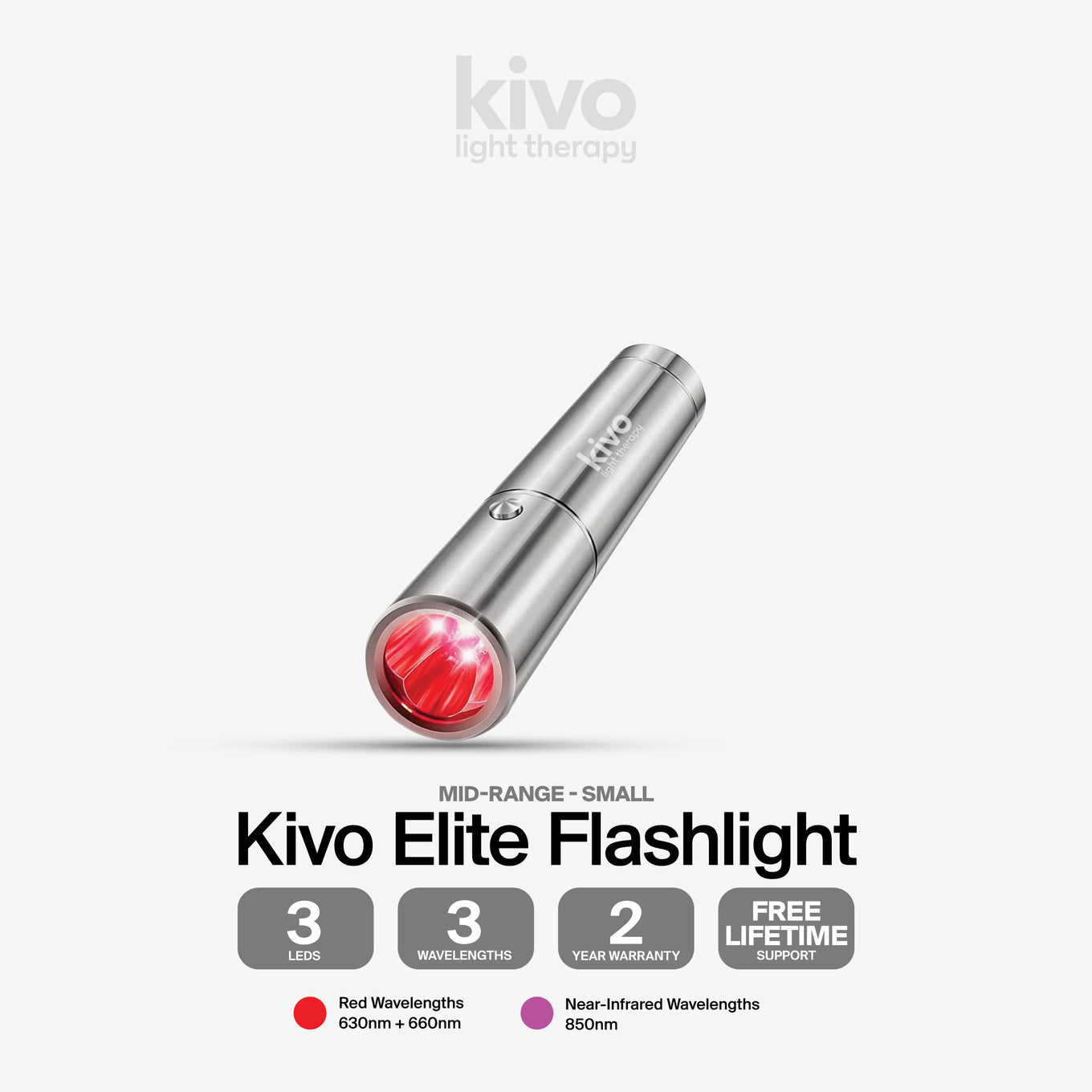 Kivo flashlight with red light on a gray background