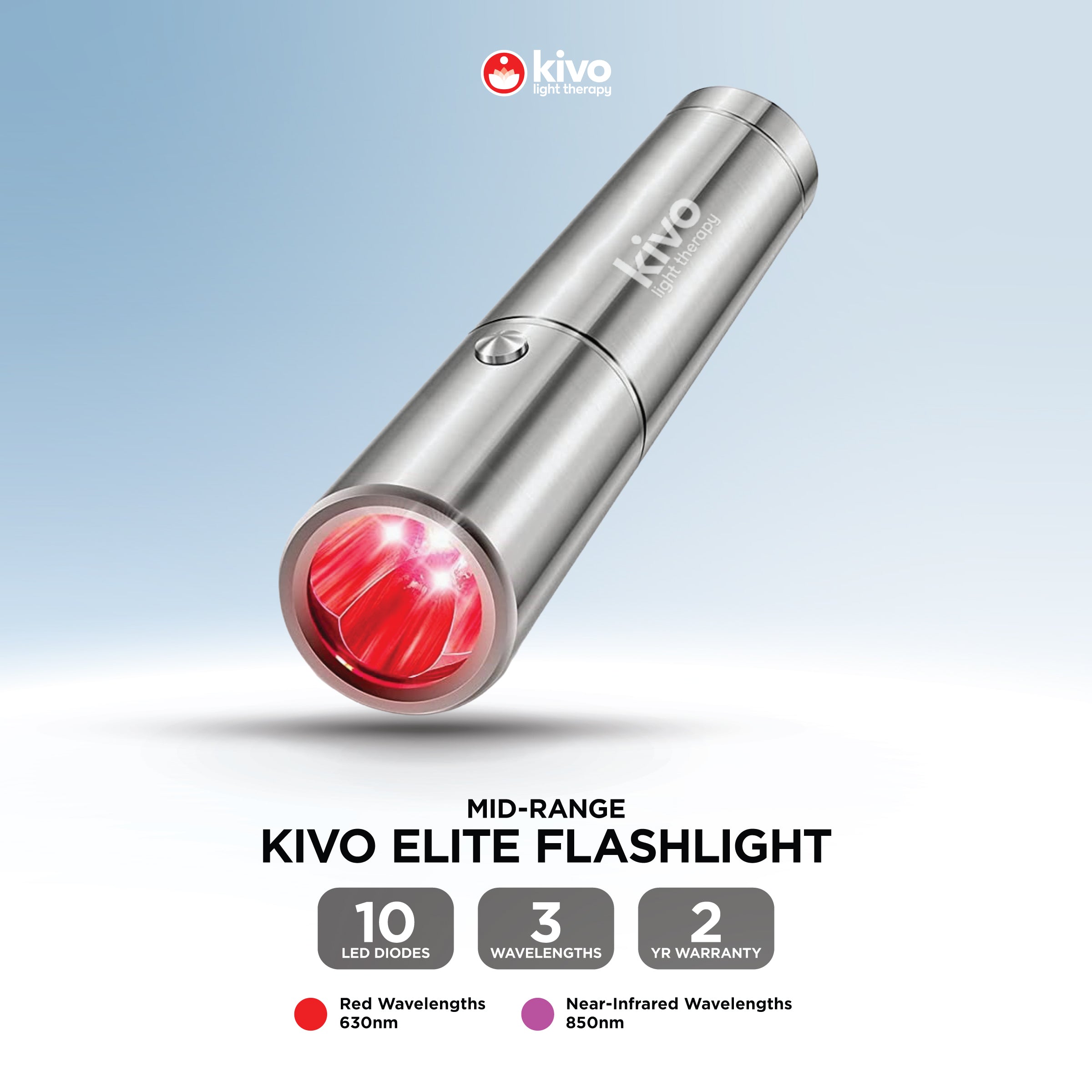 Kivo flashlight with red light on a gray background