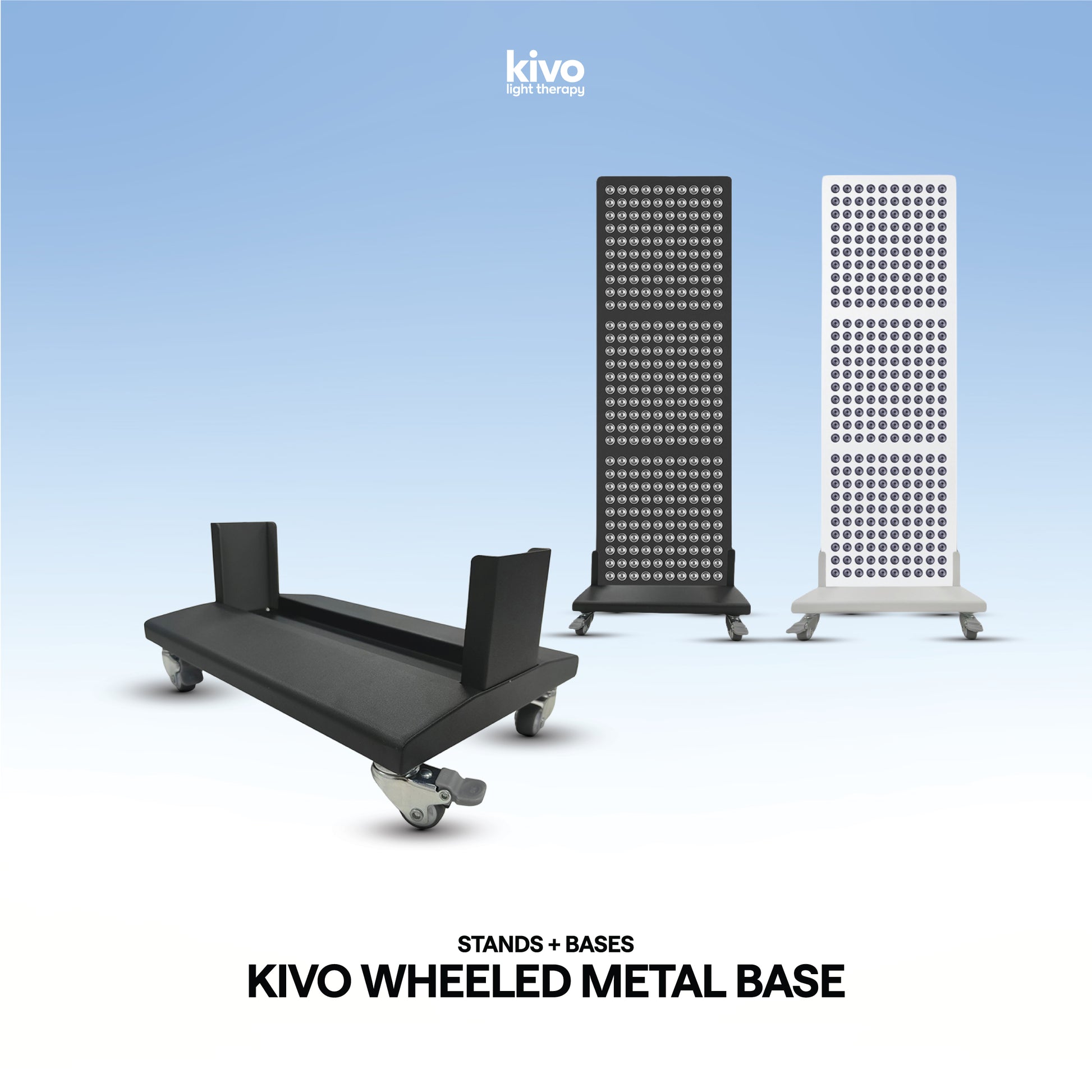 Kivo metal wheeled floor base with two vertical panels on a gray background