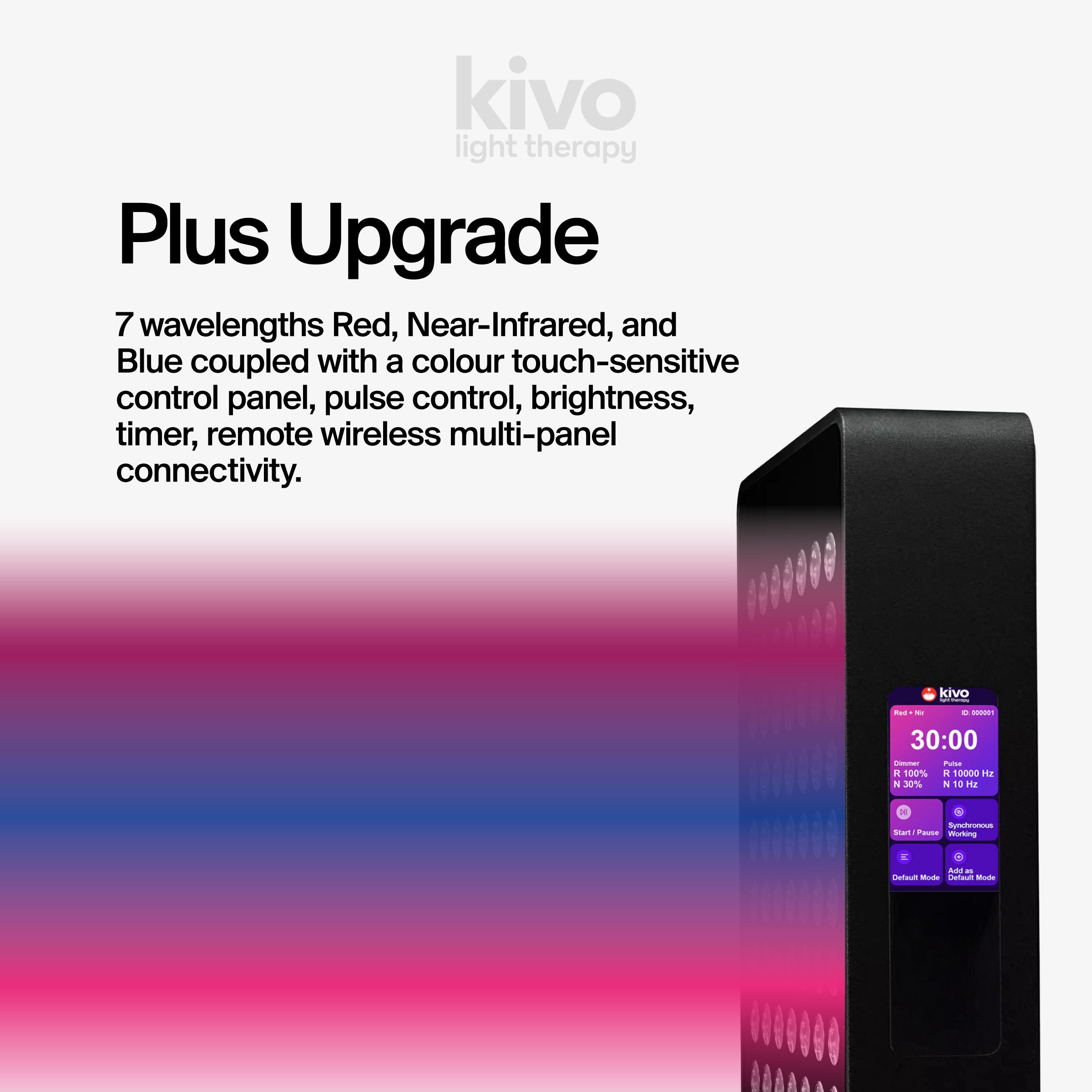 Upgrade your Kivo panel to blue, red, and extended near-infrared, coupled with an powerful colour touchscreen control panel