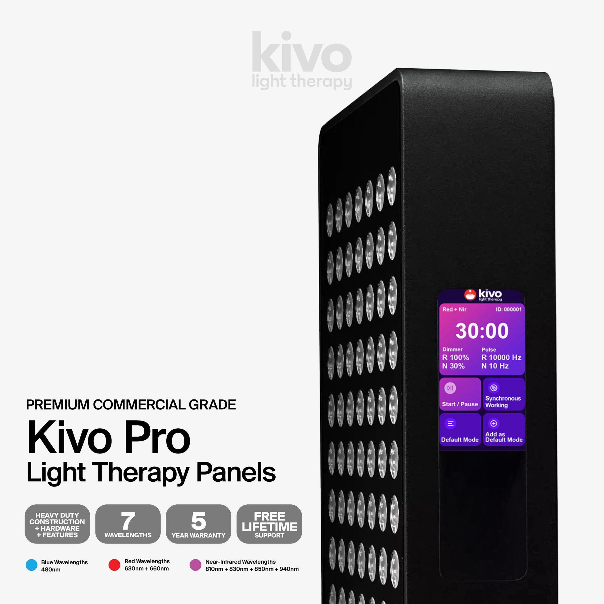 The Kivo Pro Series are our top of the range premium blue, red, near-infrared, and extended near-infrared light panels with multi-link connectivity and colour screen