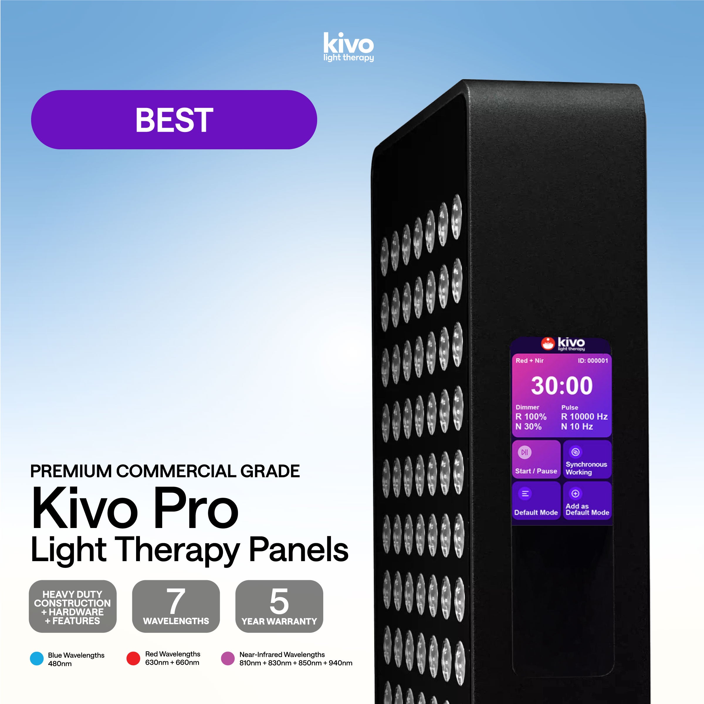 The Kivo Pro Series are our top of the range premium blue, red, near-infrared, and extended near-infrared light panels with multi-link connectivity and colour screen